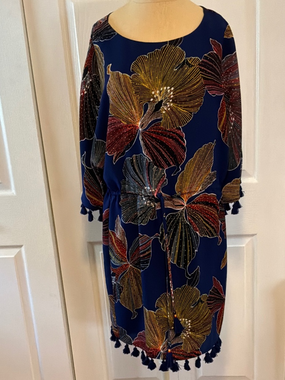 Trina Turk Navy Floral Tassel-Trim Dress